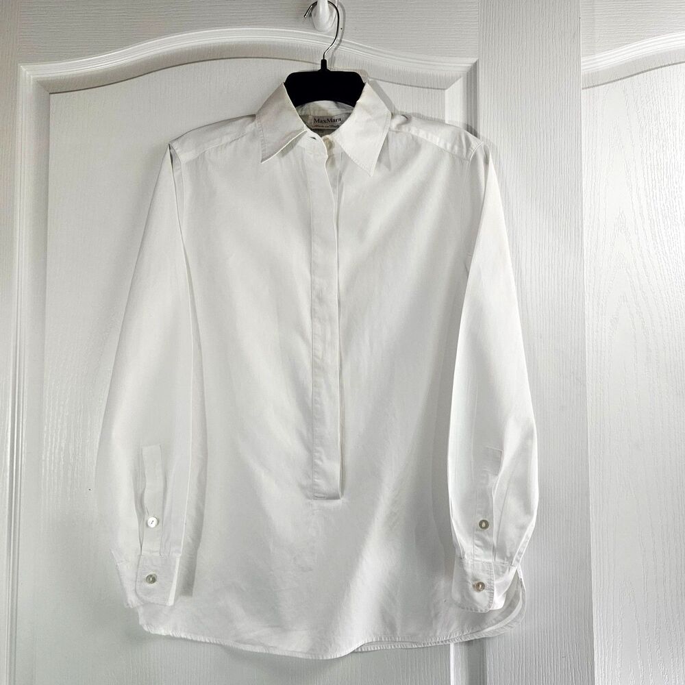 MaxMara White Cotton Popover Dress Shirt Women's Sz 12 Crisp Poplin from Italy